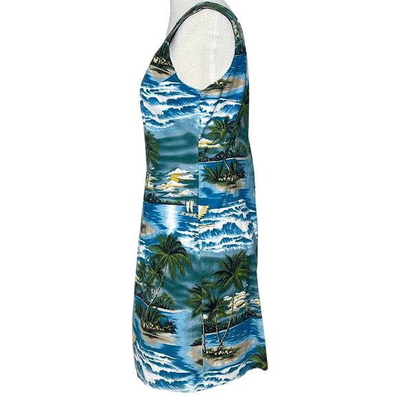 Vintage Hawaii Dress SZ L Blue Green Boat Palm Design - Picture 5 of 7